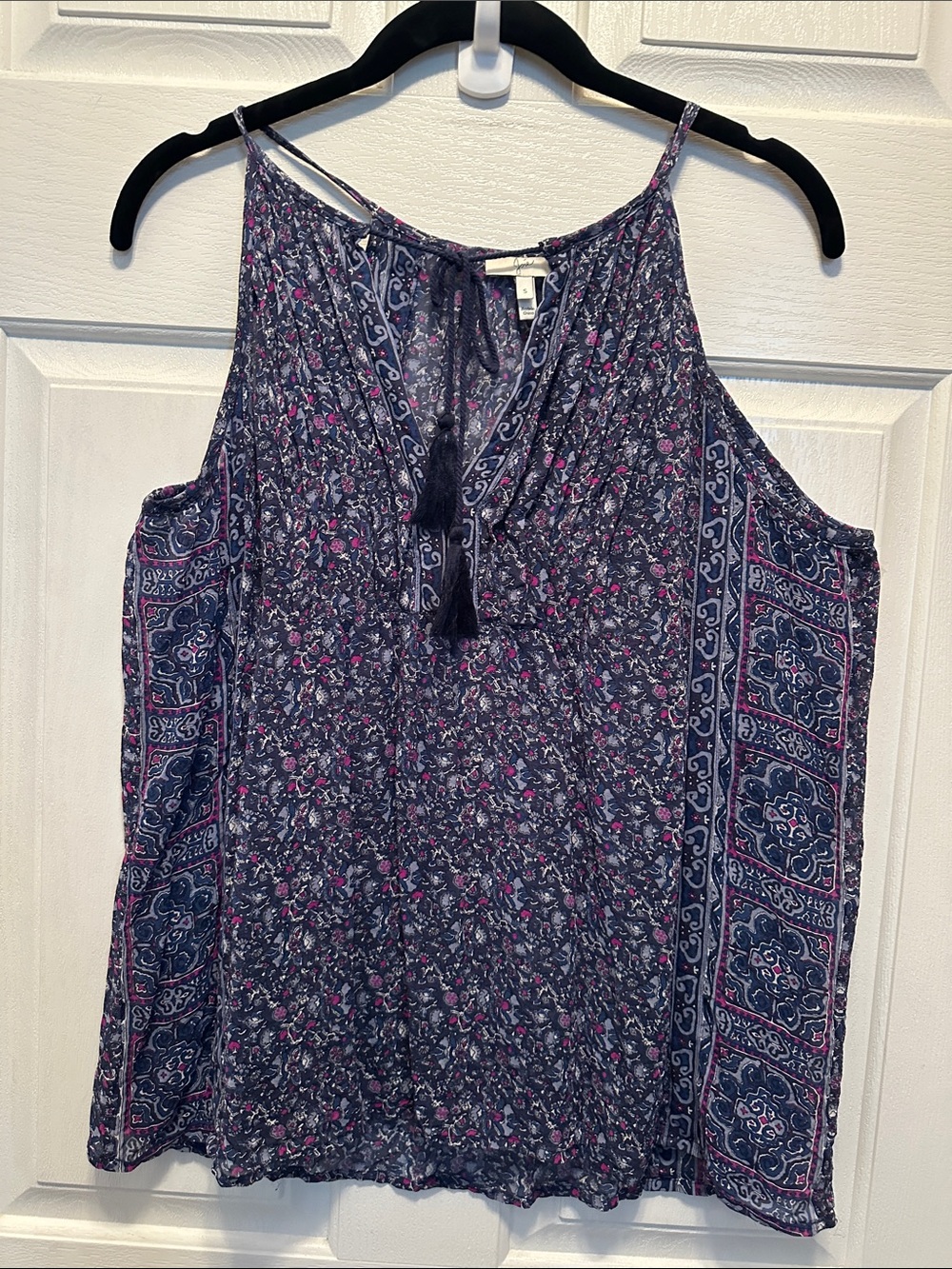 Joie Navy and Pink Printed Tassel Tank